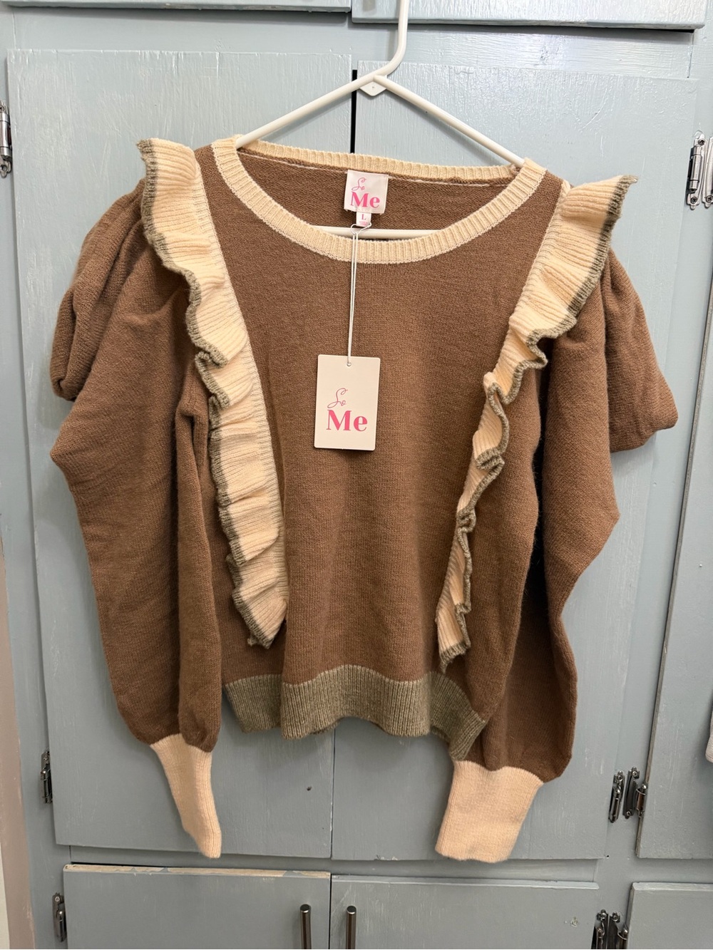 ME Makeover Essentials Brown Crew Sweater with Cream Ruffle Trim